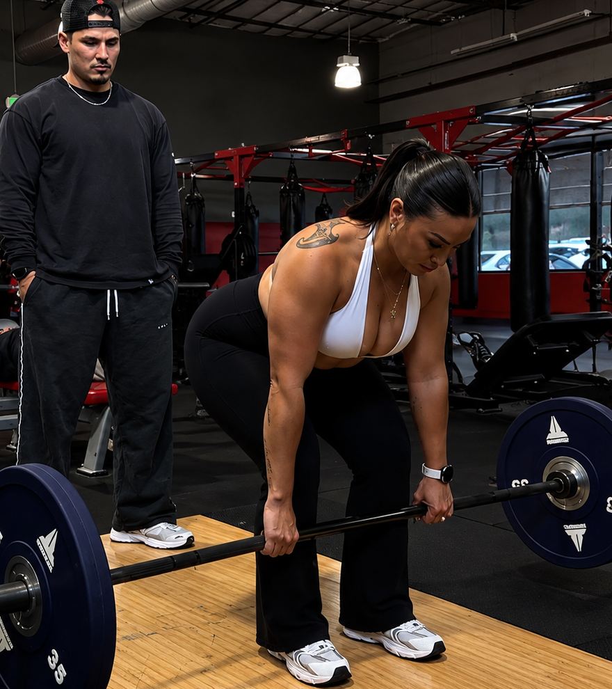 Britt deadlifting with Kimo beside her